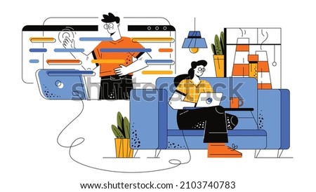 A team of boy and girl tests the software and controls the quality. The girl with glasses sits on the couch with a laptop. The guy clicks on a large touchscreen. Teamwork programming. Vector