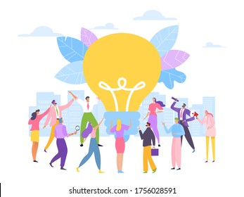 Team brainstorm business idea, vector illustration. Company people worker around large lightbulb, create success idea. Busines teamwork, design technology, solution and project construction.