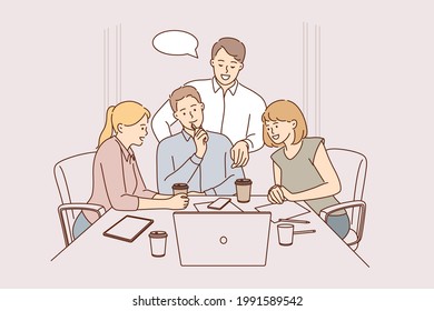 Team, brainstorm, collaboration concept. Group of young smiling people business partners workers colleagues sitting at laptop discussing corporate development in office vector illustration 