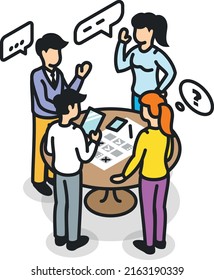Team brainstorm icon. Isometric people talking about work