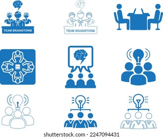 Team brainstorm icon set, team strategy icon set blue vector