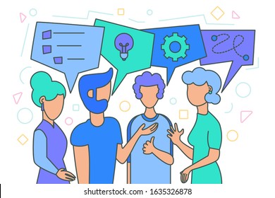 Team brainstorm, idea generation. Cartoon characters conversation, discussion outline drawing