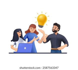 Team brainstorming 3D illustration. Success managers team, creative people have new idea. Office staff, managers or young business startup. Friends high five vector illustration