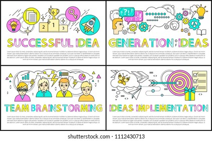 Team brainstorming, generation of idea, posters collection, gears as symbol of thinking, successful thoughts, electric bulb sign vector illustration
