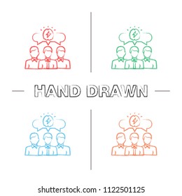 Team brainstorming hand drawn icons set. Color brush stroke. Teamwork. Collective problem solving. Thinking process. Generating idea. Isolated vector sketchy illustrations