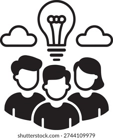 Team Brainstorming with Idea Lightbulb Simple Line Art