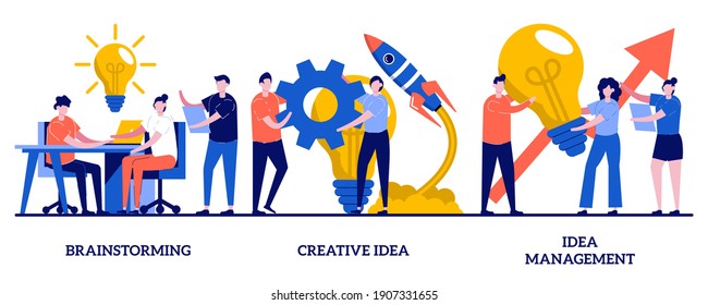 Team brainstorming, idea management, creative idea concept with tiny people. Project management vector illustration set. Startup collaboration, find solution, product development stage metaphor.