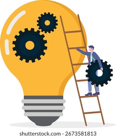 Brainstorming em equipe, gerenciamento de ideias, conceito de ideia criativa com pessoas pequenas. Conjunto de ilustrações de vetor de gerenciamento de projetos. Colaboração de inicialização, encontrar solução, metáfora do estágio de desenvolvimento de produto.

