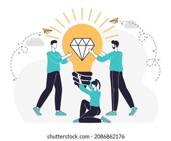 Team brainstorming, idea management, project management, new idea generation, startup collaboration, find solution, product development. Creative thinking abstract concept flat line illustration