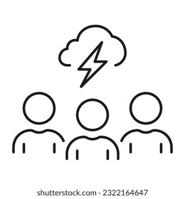 Team Brainstorming Line Icon. Thunder Storm with Cloud and Lightning Above Group Of People Linear Pictogram. Creativity Work Outline Symbol. Editable Stroke. Isolated Vector Illustration.