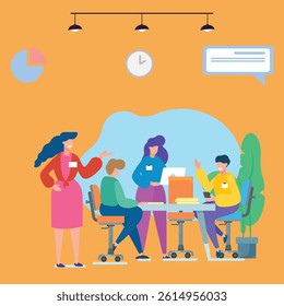 “Creative Team Brainstorming in Office – Colorful Workplace Collaboration Illustration”