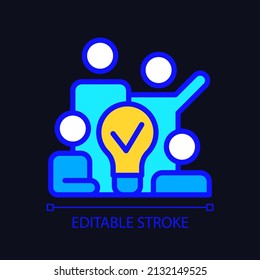 Team brainstorming pixel perfect RGB color icon for dark theme. Innovative strategy for group cooperation. Simple filled line drawing on night mode background. Editable stroke. Arial font used