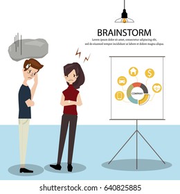 The team was brainstorming the presentation with difficulty.Employees can't deliver on schedule.Vector/Illustration
