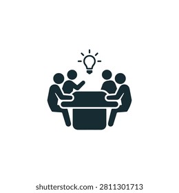 Team brainstorming session with lightbulb idea symbol, dark blue icon