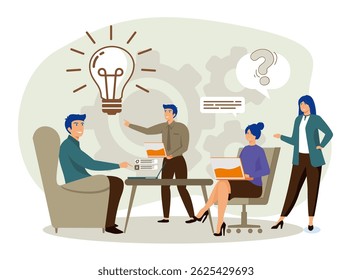 Sessão de Brainstorming em equipe em um ambiente de escritório, troca de ideias e resolução de problemas, com uma equipe trabalhando em conjunto e elementos de comunicação como bolhas de diálogo e uma lâmpada simbólica.