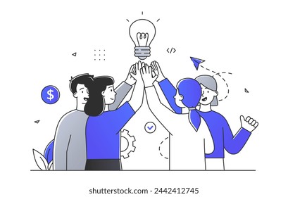 Team Brainstorming einfach. Männer und Frauen mit Glühbirne. Einsicht und Brainstorming, Idee. Zusammenarbeit und Zusammenarbeit, Partnerschaft. Doodle flache Vektor-Illustration isoliert auf weißem Hintergrund