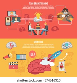 Team brainstorming work for creating idea and great idea metaphor banners flat vector illustration