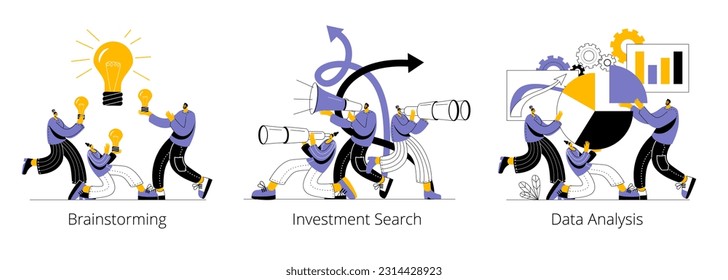 The team is brainstorming, working with data in the form of various charts, looking for new investments. A set of fun vector illustrations on the theme of business and group work.
