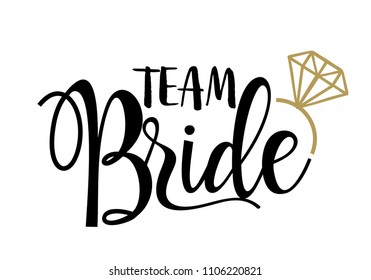 Команда Bride с золотым бриллиантом. Для футболок, свадебных украшений. Векторный текст.