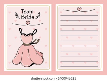 Team bride vector illustration. Beautiful wedding dress, cute pink hearts. Doodle template for hen party, bachelorette. Flat cartoon clipart with backside, copy space. Blank for cards, invitations