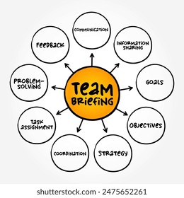 Team Briefing is a process which involves managers talking to their teams to exchange information and ideas, mind map text concept background
