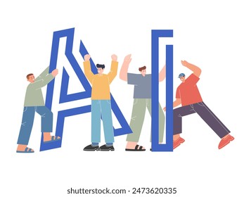 Team build AI together artificial intelligence colorful cartoon raise large text cooperation work
