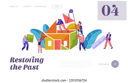 Team Builder Construction Home Website Template. Man and Woman Carry Part Material for Building. People in Process Installation Roof House for Website or Web Page Flat Cartoon Vector Illustration