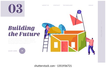 Team Builder Construction New Home Landing Page. Woman in Process Installation Roof House. Man to Lift Up Material. Project Building Future for Website or Web Page Flat Cartoon Vector Illustration