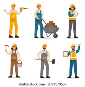Equipo de constructores y trabajadores industriales contratistas juntos en el lugar de trabajo. El capataz sostiene el plan de trabajo para ordenar a los trabajadores que construyan según el plan. Ilustración plana del vector