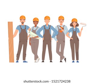 Team of builders in gray overalls and blue T-shirts. Vector illustration.