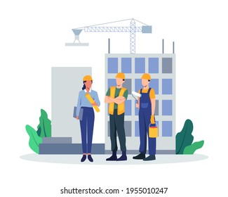 Team of builders and industrial workers. Contractors working on architecture project. Colleagues in uniform and hard hats. Man and woman industry or construction employees. Vector in flat style