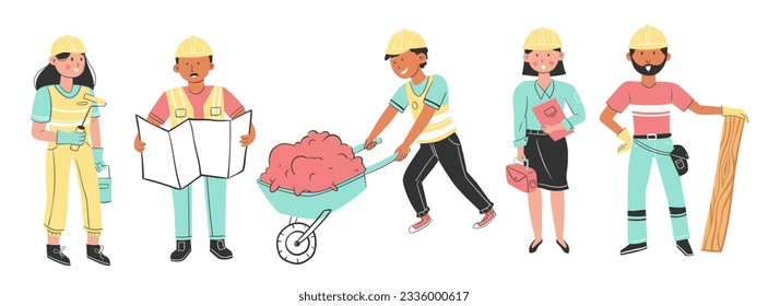 Team of builders and industrial workers standing together vector flat illustration. Portrait of smiling colleagues in uniform and hard hats isolated. Man and woman industry or construction employees