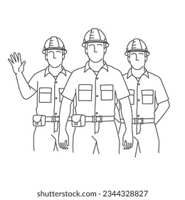 Team von Bauern und Industriearbeitern, die zusammenstehen. Handgezeichnete Vektorgrafik. Schwarz-Weiß.