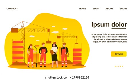 Team of builders onsite. Female engineer, architect, technician, worker in overalls holding tools, discussing work. Can be used for construction site, engineering, teamwork concept