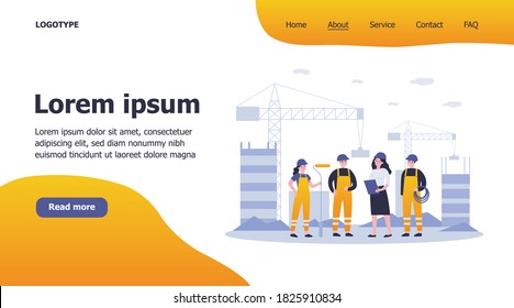 Team of builders onsite. Female engineer, architect, technician, worker in overalls holding tools, discussing work. Can be used for construction site, engineering, teamwork concept