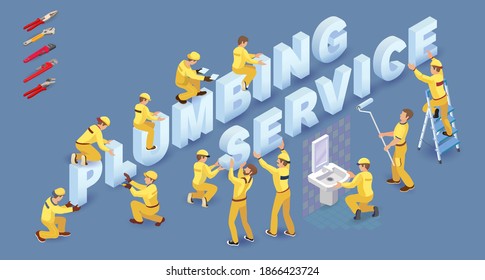 Equipo de Constructores, gente, herramientas y palabras Servicio de Fontanería. Los trabajadores instalan letras isométricas. Plumber está instalando lavabo en el baño. Concepto de construcción o reparación. Renovación de viviendas. Vector 3D