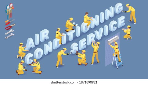 Team of Builders, people and words Air Conditioning Services. Vector.