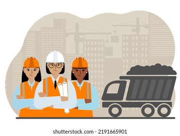 Team of builders in vests and helmets at the construction site. Workers and dump truck with sand. Development, design for the site. Vector flat illustration.