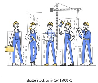 Team of builders working on construction site. Painter, engineer, foreman in helmets holding tools and blueprints at cranes and buildings. Vector illustration for teamwork, labor, occupation