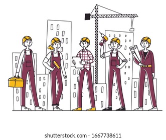 Team of builders working on construction site. Painter, engineer, foreman in helmets holding tools and blueprints at cranes and buildings. Vector illustration for teamwork, labor, occupation