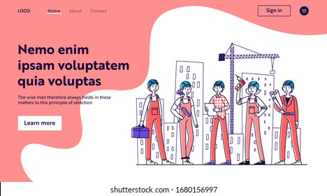 Team of builders working on construction site. Painter, engineer, foreman in helmets holding tools and blueprints at cranes and buildings. Vector illustration for teamwork, labor, occupation