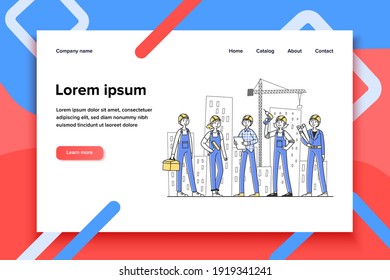 Team von Bauarbeitern, die auf Baustellen arbeiten. Maler, Ingenieur, Vorarbeiter in Helmen, die Werkzeuge und Pläne an Kranen und Gebäuden halten. Vektorgrafik für Teamarbeit, Arbeit, Beruf