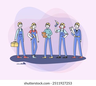 Team of builders working on construction site. Painter, engineer, foreman in helmets holding tools and blueprints at cranes and buildings. Vector illustration for teamwork, labor, occupation
