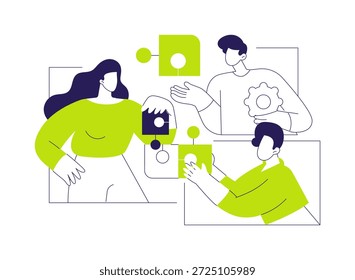 Teambuilding-Aktivität, einzelne Cartoon-Vektorgrafiken. Eine Gruppe von Leuten, die im Smart Office sprechen, Teambuilding-Verfahren, Geschäftsführer, Gesellschaftsräume, soziale Beziehungen, Vektorgrafik.