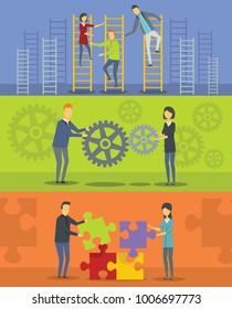 Team building banner horizontal concept set. Flat illustration of 3 team building vector banner horizontal concepts for web
