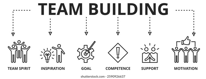 Team building. Banner with keywords and icons