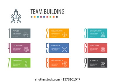 team building banner template, cover layout and infographics. collaboration, communication, cooperation, team leader icons