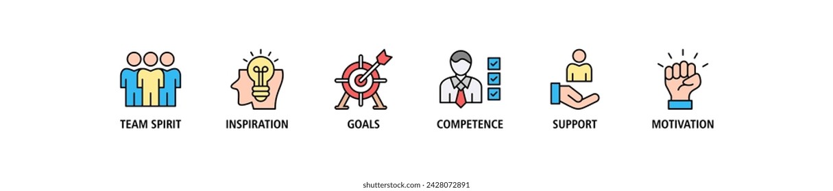 Team building building banner web icon set vector illustration concept with icon of team spirit, inspiration, goals, competence, support, and motivation