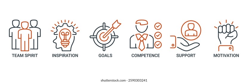 Team building banner web icon set vector illustration concept with icon of team spirit, inspiration, goals, competence, support, and motivation icons. Outline vector symbol background.