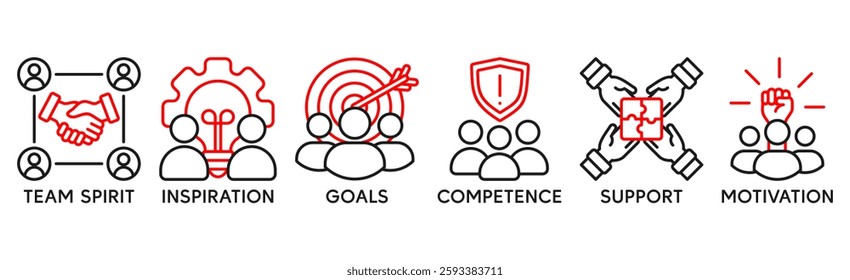 Team building building banner web icon vector illustration concept with icon of team spirit, inspiration, goals, competence, support, and motivation
